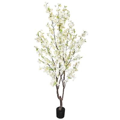 6.5ft Cream White Artificial Cherry Blossom Flower Tree Plant in Black Pot - 78" H x 36" W x 36" DP