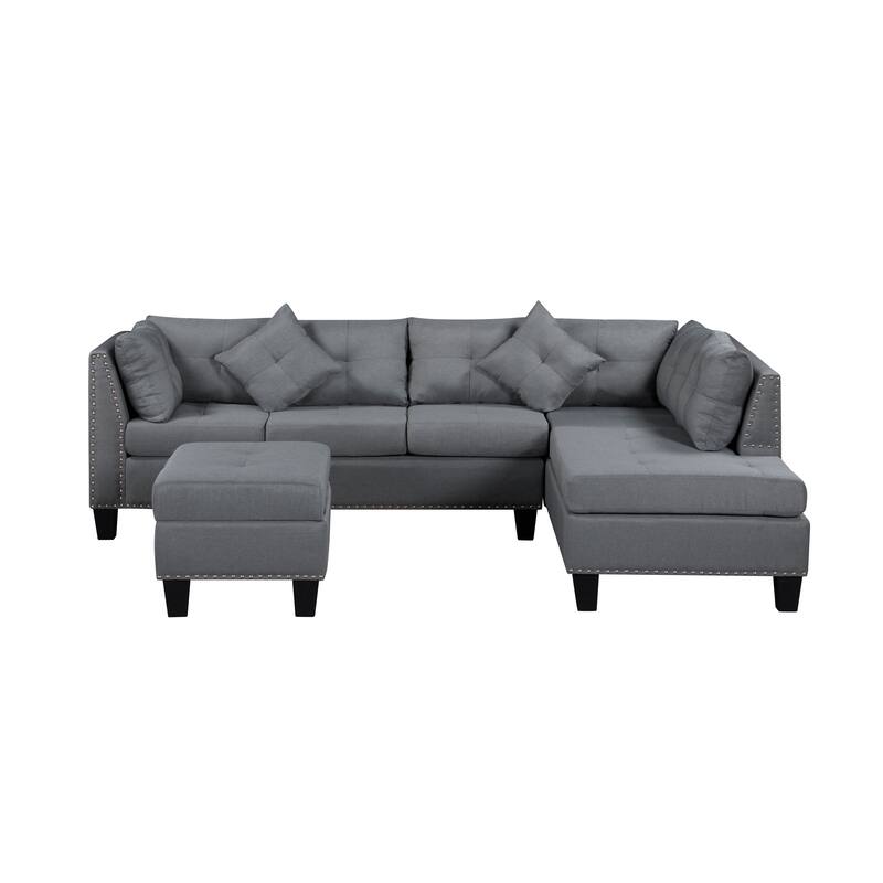 104.5" Gray Upholstered Sofa Set with Comfortable Coin-Spring Cushions, Sturdy Frame, Chaise Lounge, Versatile Storage Ottoman