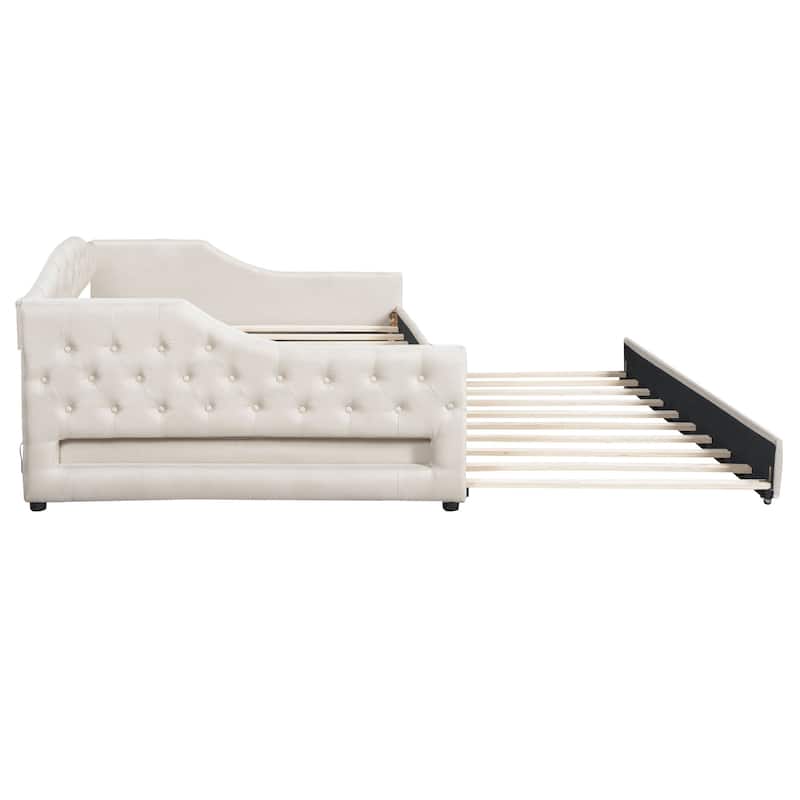 Linen Fabric Daybed Sofa Bed with LED Lights on Both Sides, Upholstered Tufted Platform Bed Frame with Trundle Bed