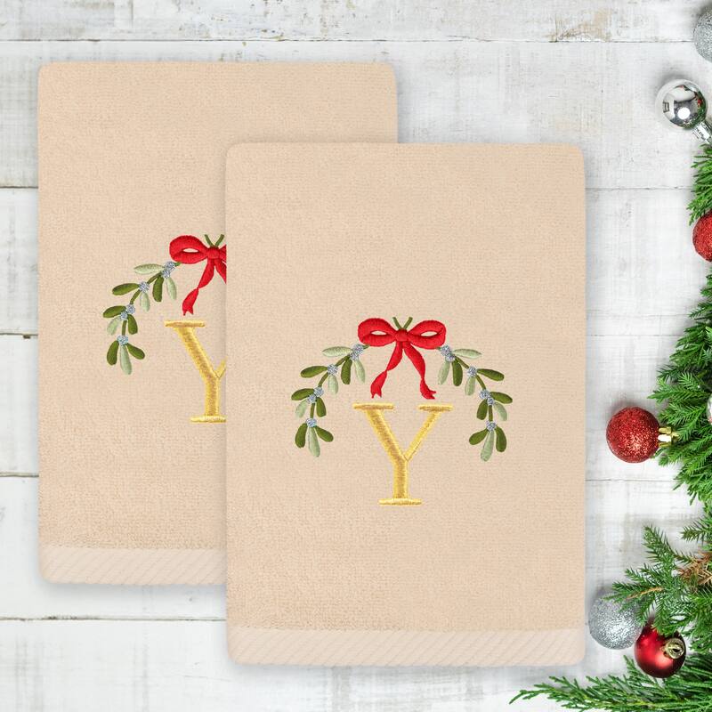 Authentic Hotel and Spa Christmas MISTLETOE MONOGRAM Embroidered Luxury 100% Turkish Cotton Hand Towels Set of 2