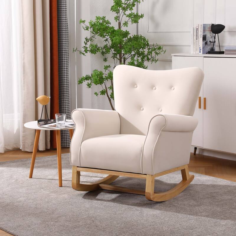 High Back Rocking Chair Beige Nursery Chair Fabric Padded Rocker Modern High Back Armchair with Curved Legs