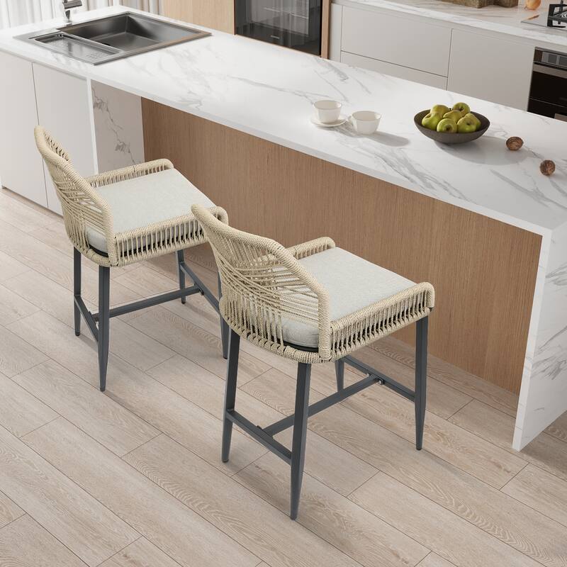 Outdoor Bar Stool with Rope Weave and Cushioned Seat