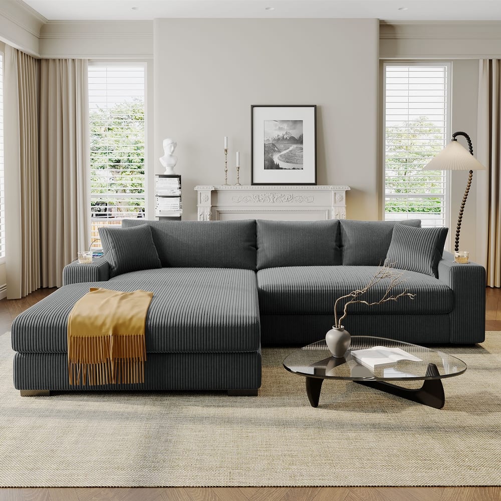 Corner Modular Sectional Sofa, 106'' Corduroy Couch L Shaped Sofas w/ Built-in Cup Holders & Charging Ports, Plush Couches