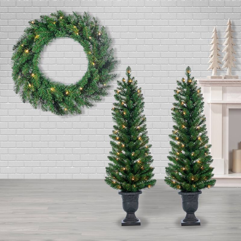 Complete 4 Piece Vancouver Pine Holiday Decor Set with Warm White LED Lights