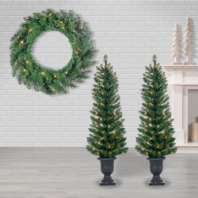 Complete 4 Piece Vancouver Pine Holiday Decor Set with Warm White LED Lights