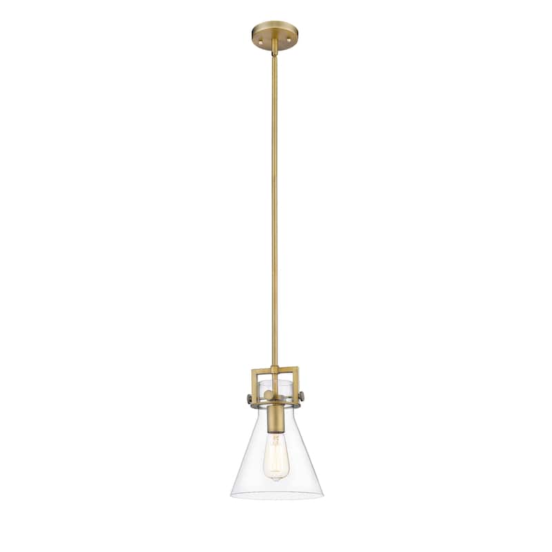 Innovations Lighting Newton Cone - 1 Light 8" Stem Hung Pendant - Clear/Brushed Brass