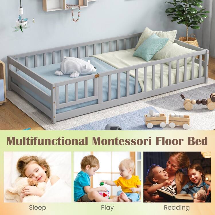 Twin Size Kids Wood Montessori Floor Bed with Door and Fence
