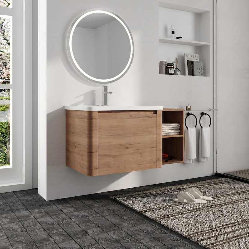 Malwee 28"/40"/52"/68" Floating Bathroom Vanity, Wall Mounted Bathroom Vanity with Ceramic Sink,Soft Close Door and Shelf
