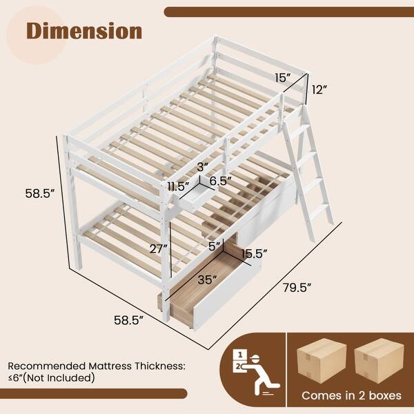dimension image slide 0 of 2, Twin Over Twin Bunk Bed Wood Bed Frame with 2 Storage Drawers and Ladder-Gray