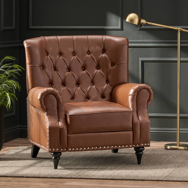 Classic Curled Arm Single Sofa Chair, Tufted Wide Back Recliner with Retractable Footrest Accent Chair with Rivet Trim&Wood Legs