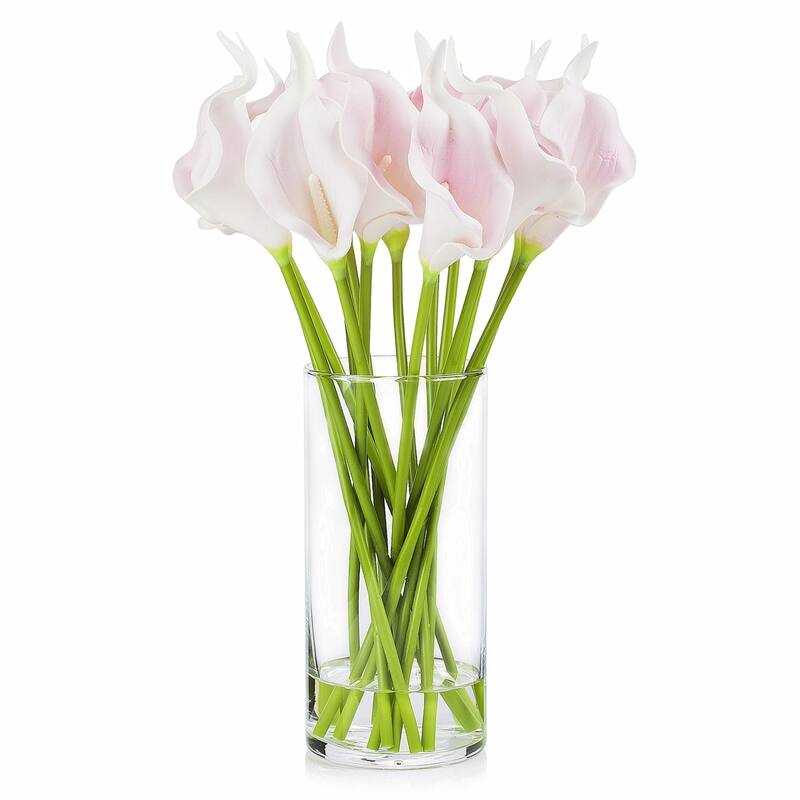 Enova Home Artificial Real Touch Calla Lily Fake Silk Flowers Arrangement in Clear Glass Vase with Faux Water for Decoration - Pink