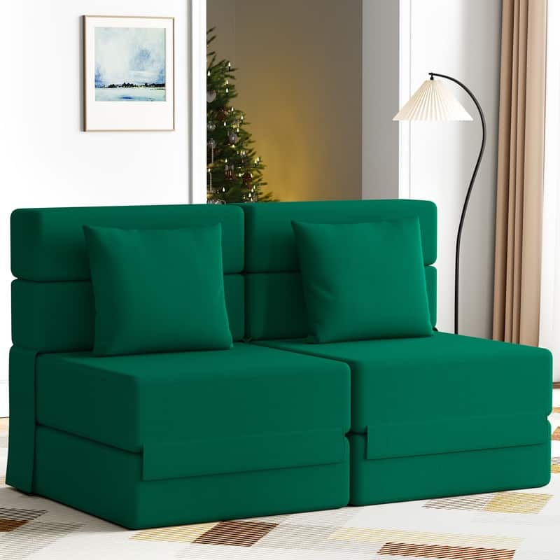 Corduroy Compression Convertible Folding Sectional Sofas (Set of 2) - Green Corduroy