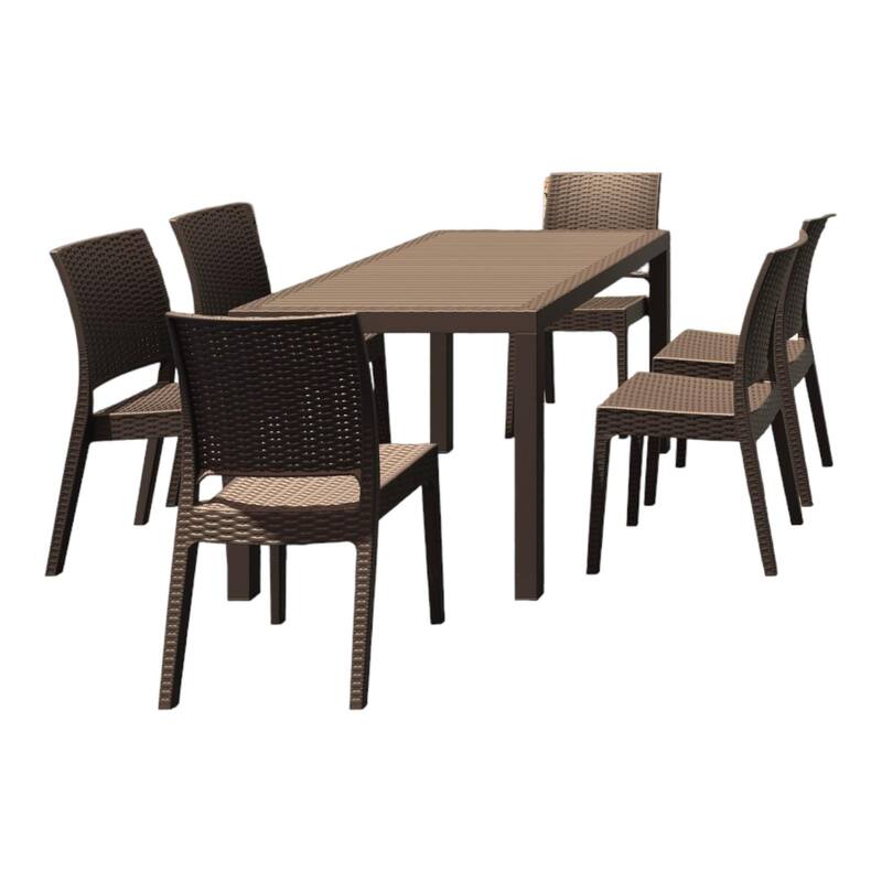 7 Piece Brown Outdoor Patio Wickerlook Dining Set 55"