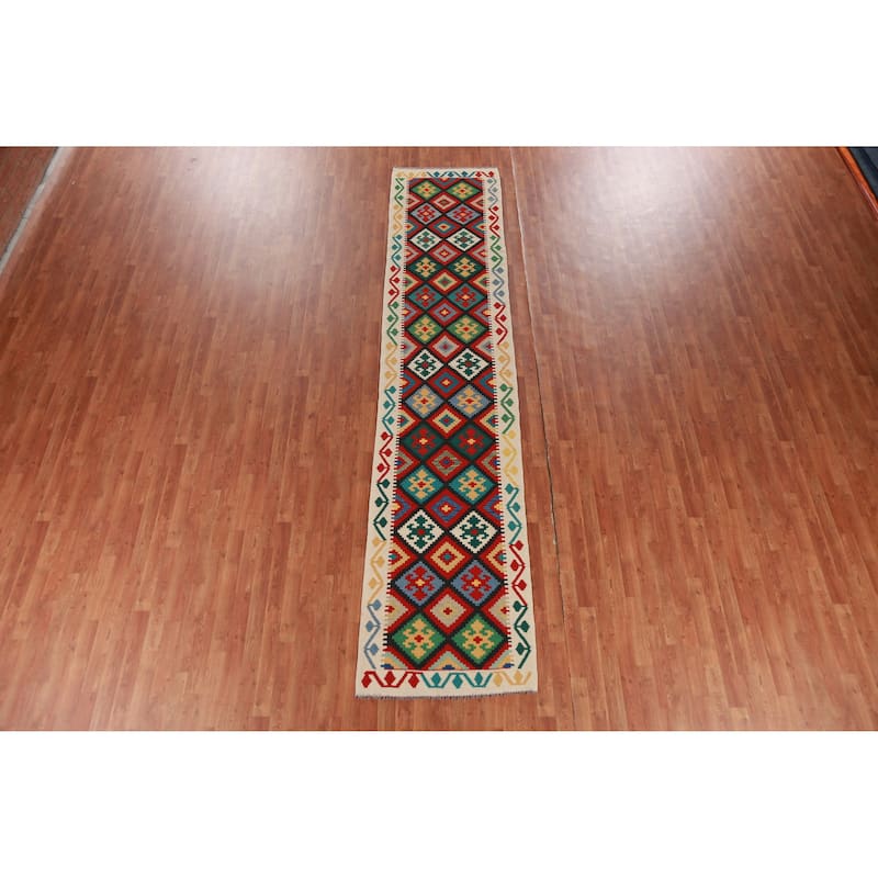 Hand Woven Oriental 100% Wool Carpet Southwestern Geometric Multi-Colored Kilim Runner Rug - 13' 2'' X 2' 9''
