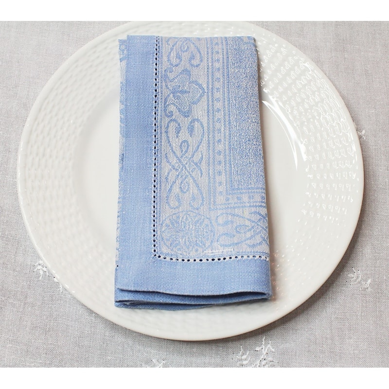 French Home Linen Set of 6 Astra Napkins - Ivory and Light Blue