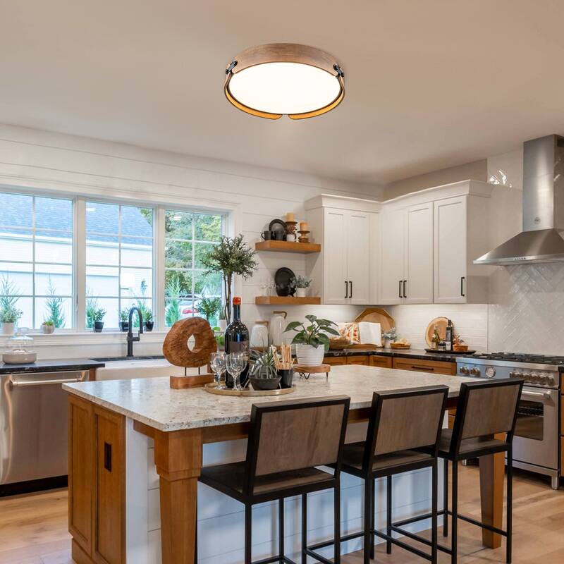 1-Light Farmhouse Wood Integrated LED Flush Mount Ceiling Light