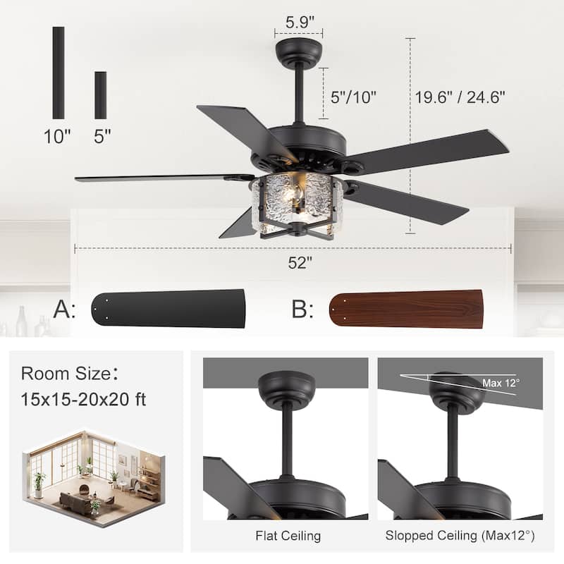 52" Reversible 5-Blade Caged Ceiling Fan with Light and Remote