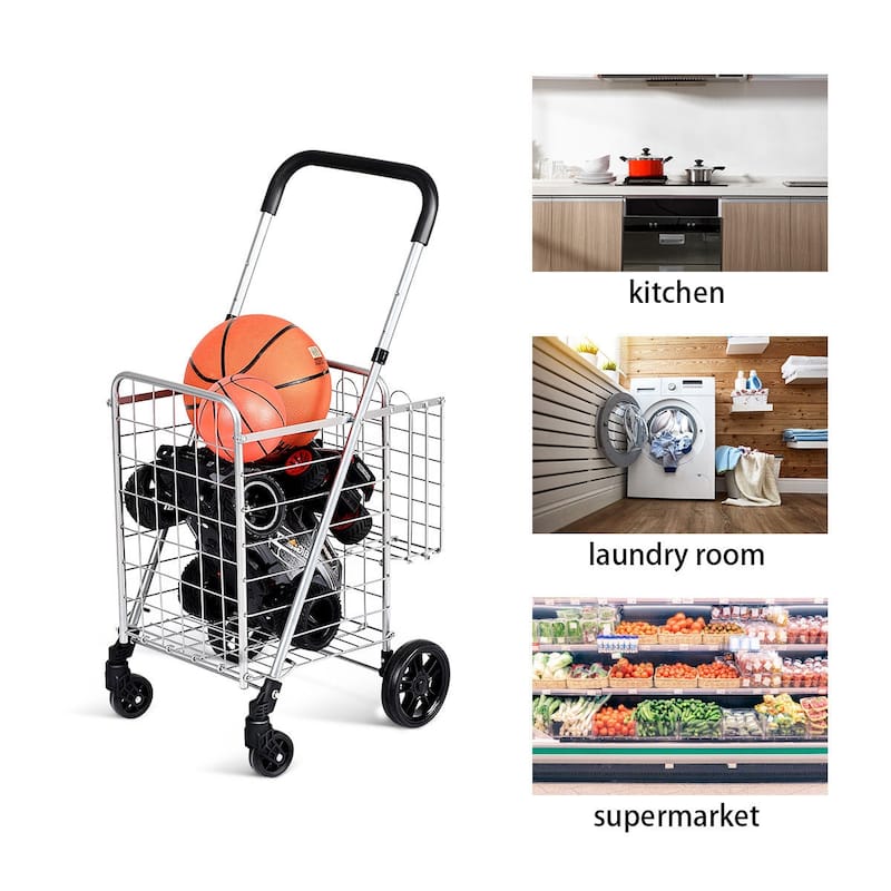 Costway Folding Shopping Cart Jumbo Basket Rolling Utility Trolley - 17'' x 19'' x 35''/37.5''