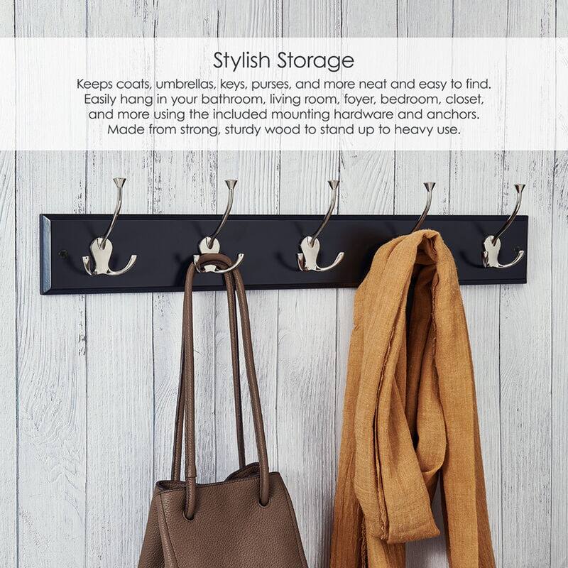 Melannco Wall Mounted Coat Rack with 5 Metal Hooks, 27X5 Inch, Black