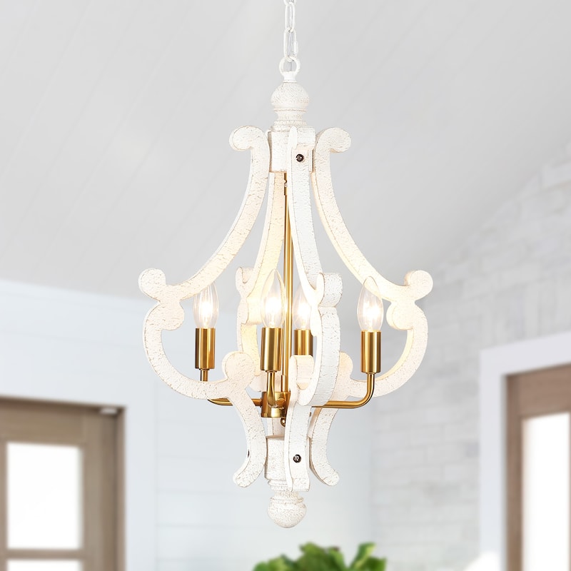 4-Light 14.56-inch Wooden Lantern Rustic Chandeliers for Entryway Hallway