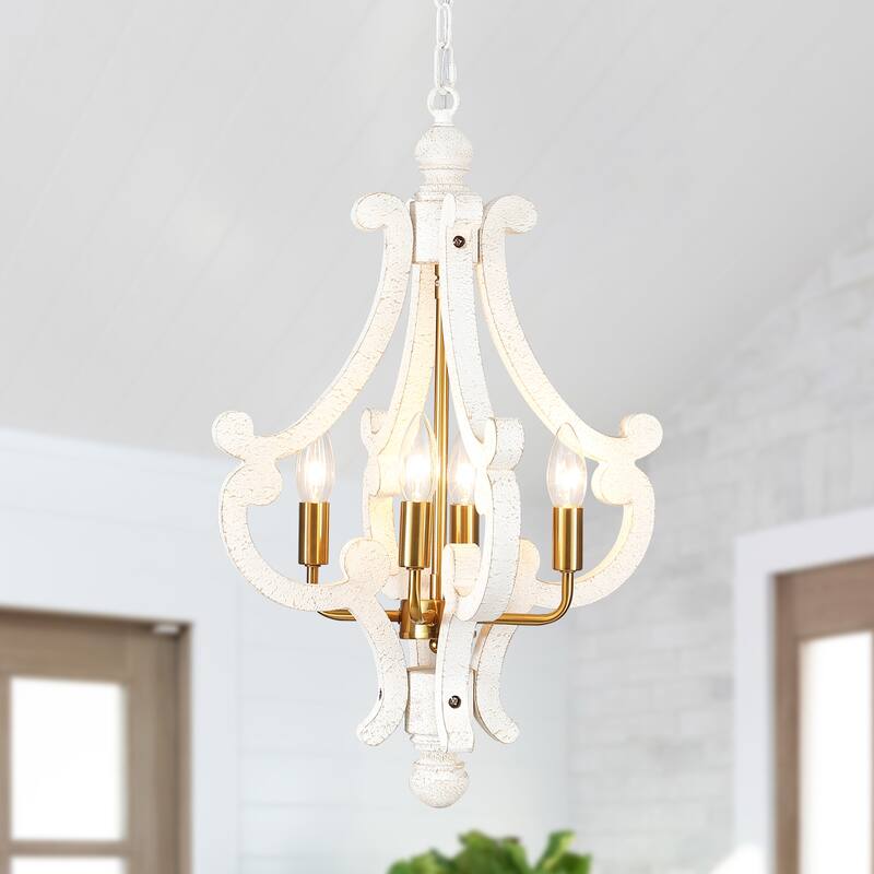 4-Light 14.56-inch Wooden Lantern Rustic Chandeliers for Entryway Hallway