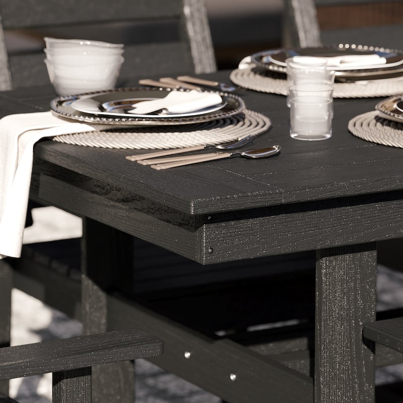 Outdoor Dining Table and Chair Set: HDPE Material, Wood - Grain Design