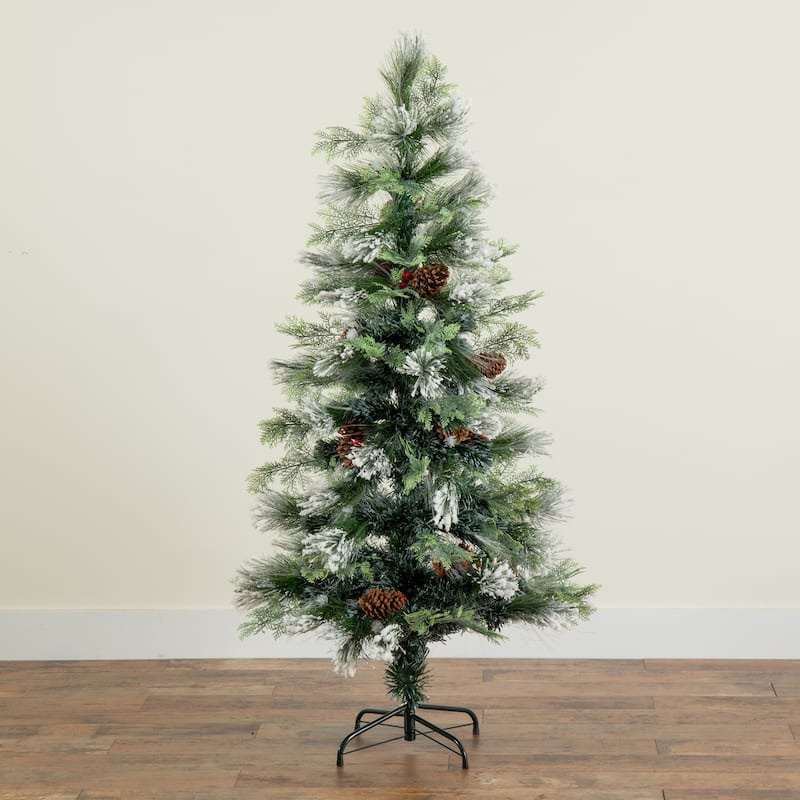 5ft. Flocked Pre-Lit Fiber Optic Artificial Pinecone and Berries Christmas Tree with 48 White LED Lights - Sparkling X-Mas Tree