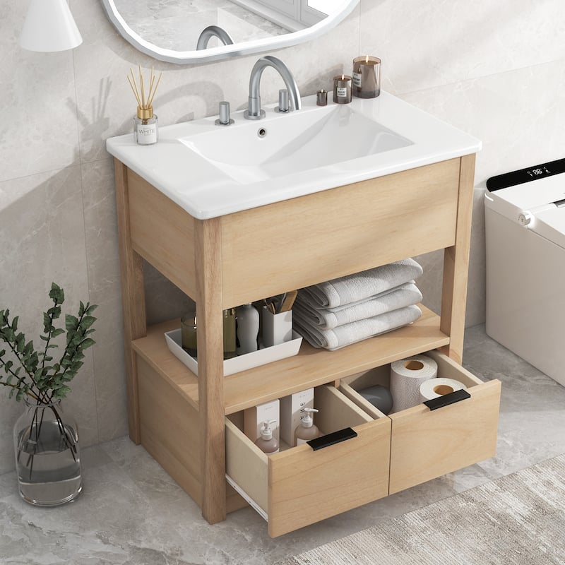 Bathroom Vanity with Sink Top, Vanity Set with Ceramic Basin Sink, Bathroom Storage Cabinet with 2 Drawers and Open Shelf