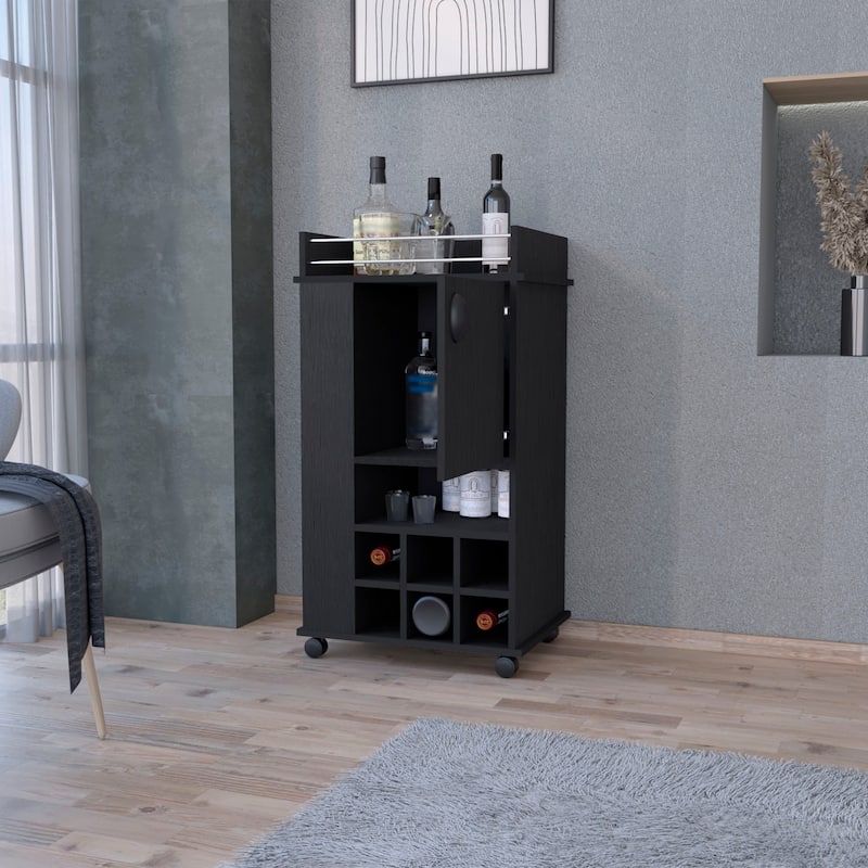 Allandale 1-Door Bar Cart with Wine Rack and Casters - Black