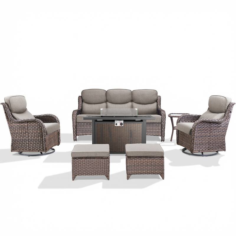 Pocassy Patio Sofa Swivel Chair Set with 43" Fire Pit Table