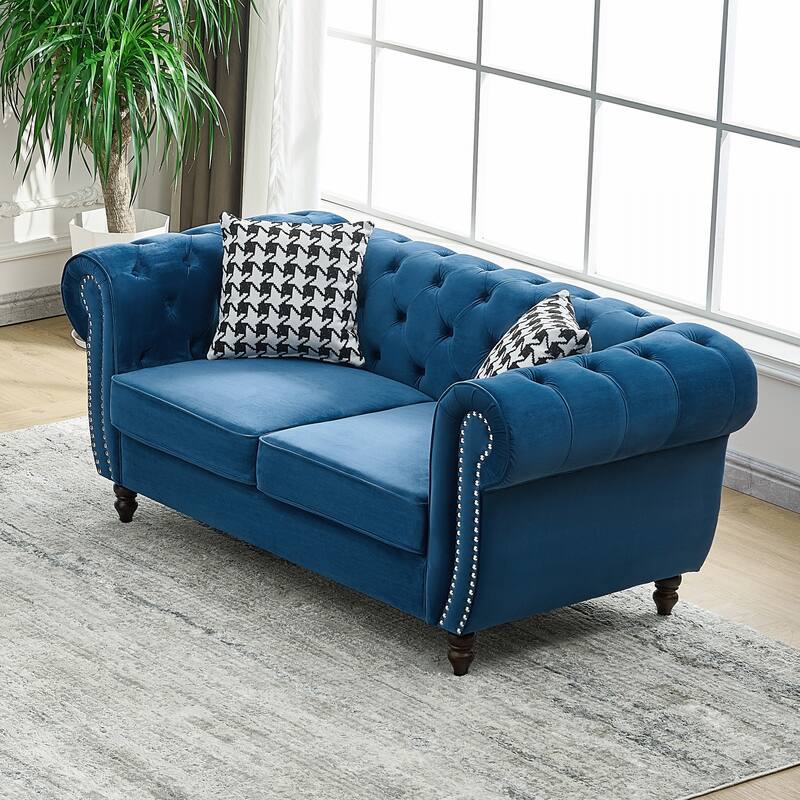 Roomfitters 65" Classic Chesterfield Upholstered Loveseat with Scrolled Arms & Nailhead Trim, Button Back Couch