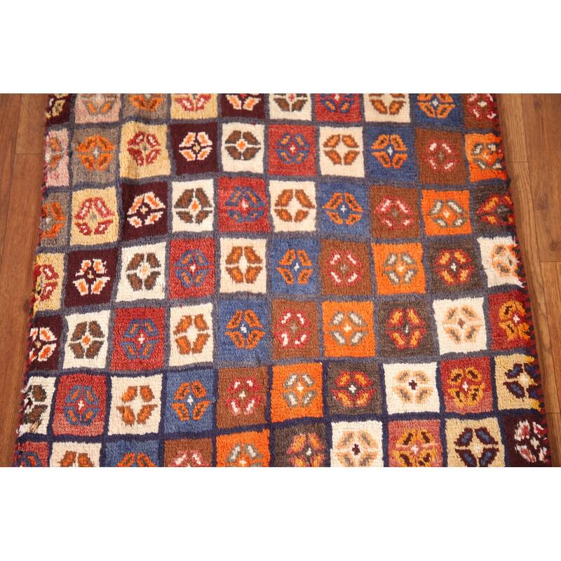 Checkered Gabbeh Persian Vintage Runner Rug Handmade Wool Carpet - 2'1"x 4'9"