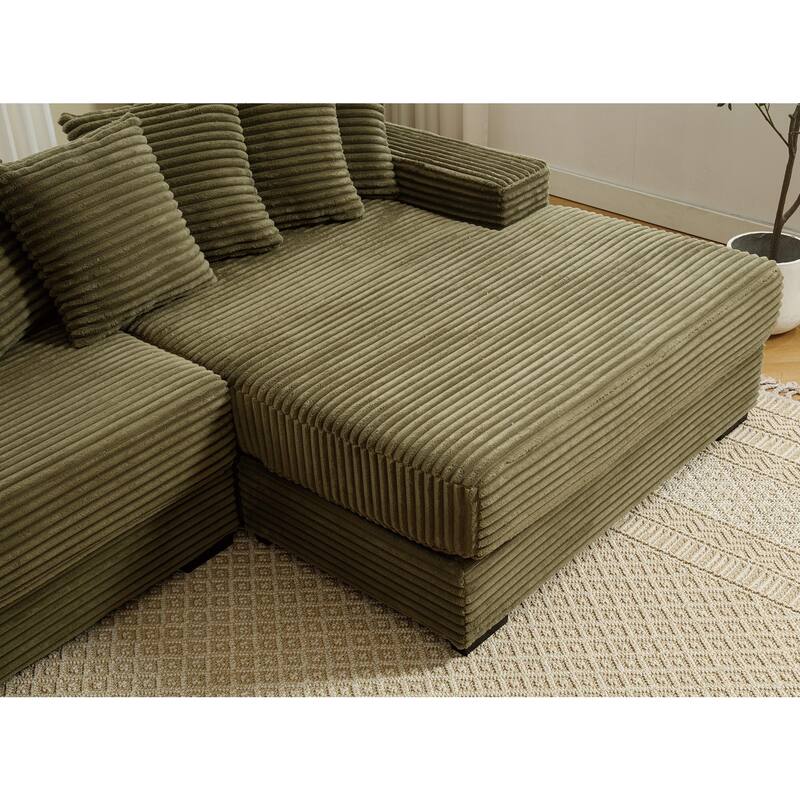 111" Corduroy L-Shape Sectional Sofa with Right Chaise, 8 Throw Pillows and Square Armrests