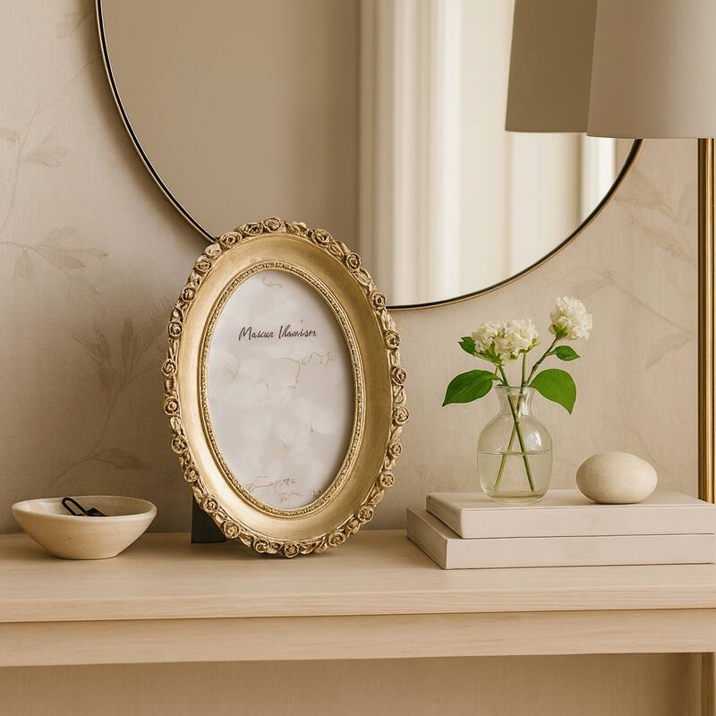 Polyresin Oval Photo Frame with Rosette Border - Gold - 8.0"