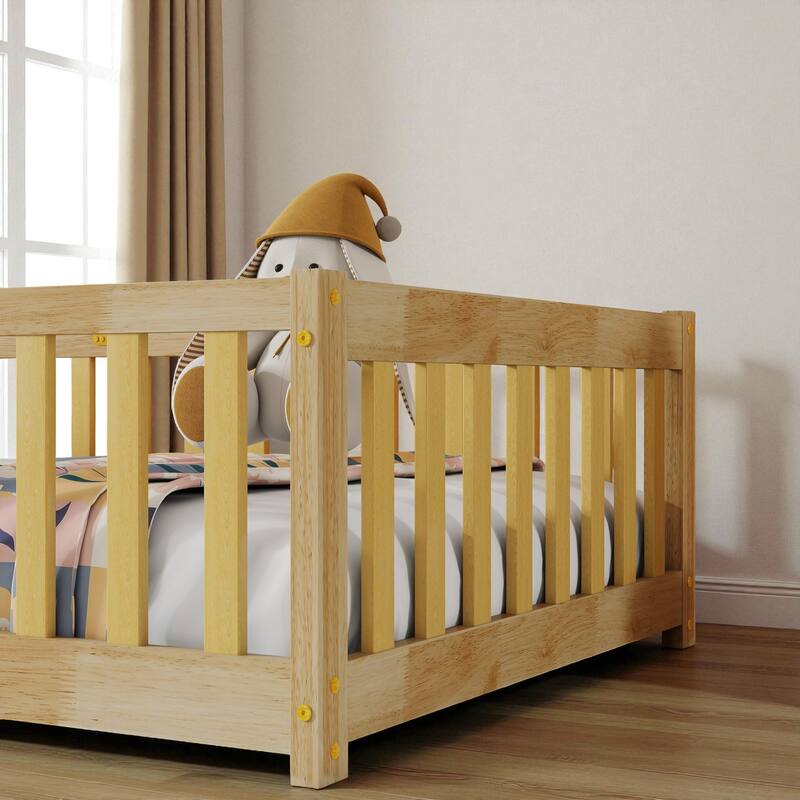Twin Size Rubber Wood Floor Bed with Fence and Door, Montessori Platform Bed with Safety Guardrails for Kids