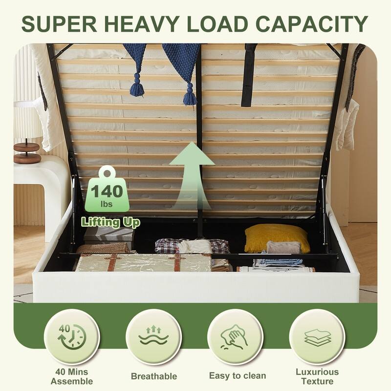 Linen Wingback Hydraulic Lift Up Storage Upholstered Platform Bed