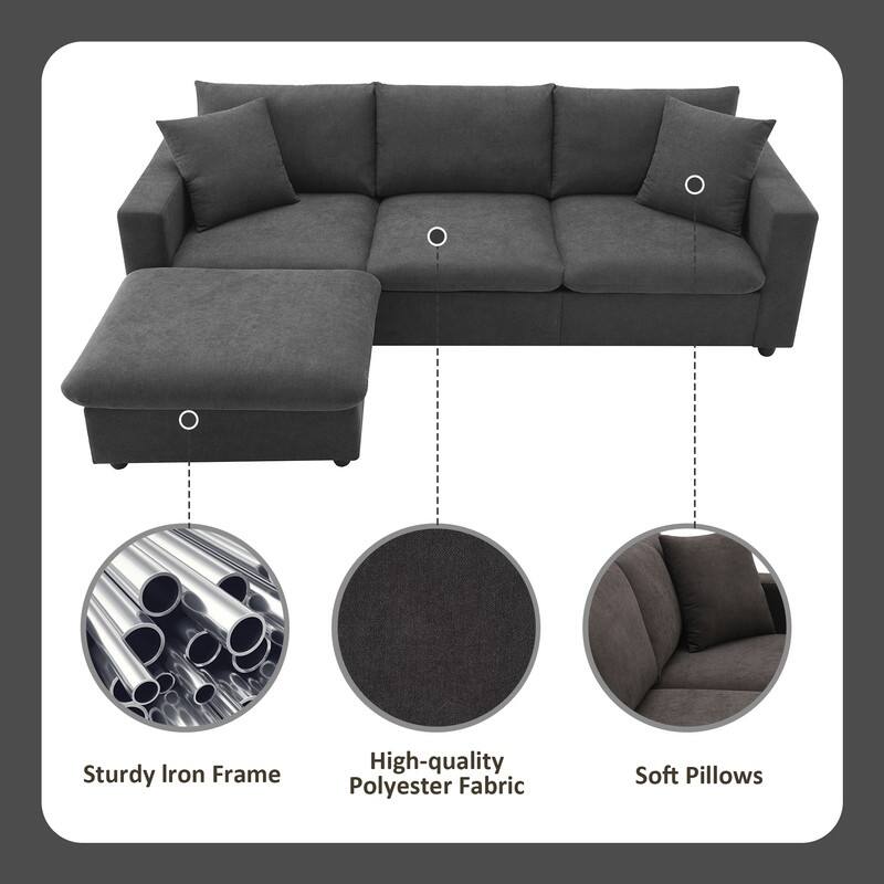 100.4" L-shaped Triple Sofa with Two Throw Pillows
