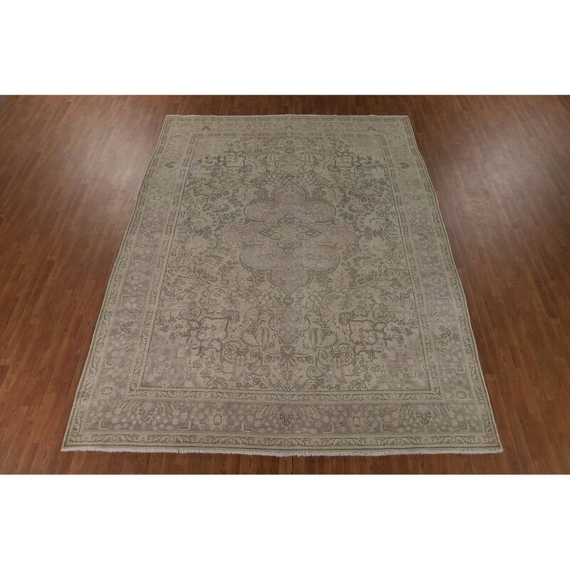 Distressed Tabriz Vintage Rug Hand-Knotted Oriental Wool Carpet - 9'9" x 12'6"