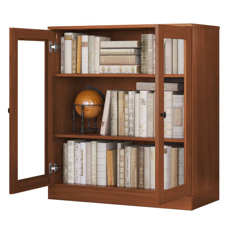 Palace Imports 100% Solid Wood 3-Shelf Bookcase, Clear Glass Doors, Adjustable Shelves, 32" Wide, 35.75" Tall