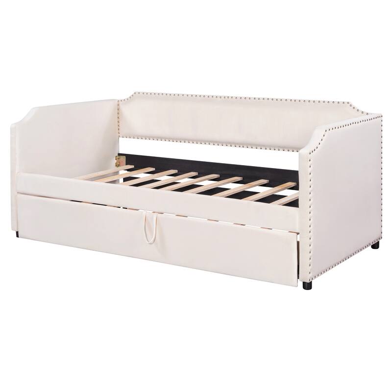 Upholstered Daybed Twin Size Daybed with Pull-Out Lift-Up Trundle and Nailhead Trim Armrest Velvet for Bedroom Apartment
