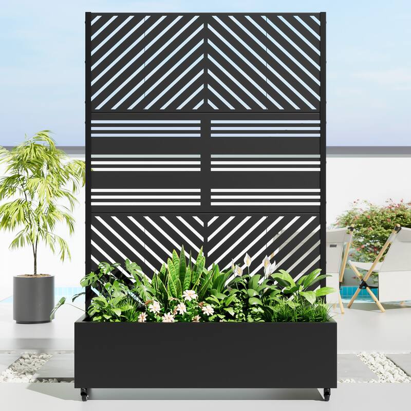 Metal Movable Planter Box with Trellis Privacy Screen Planter Box with Lockable Wheels