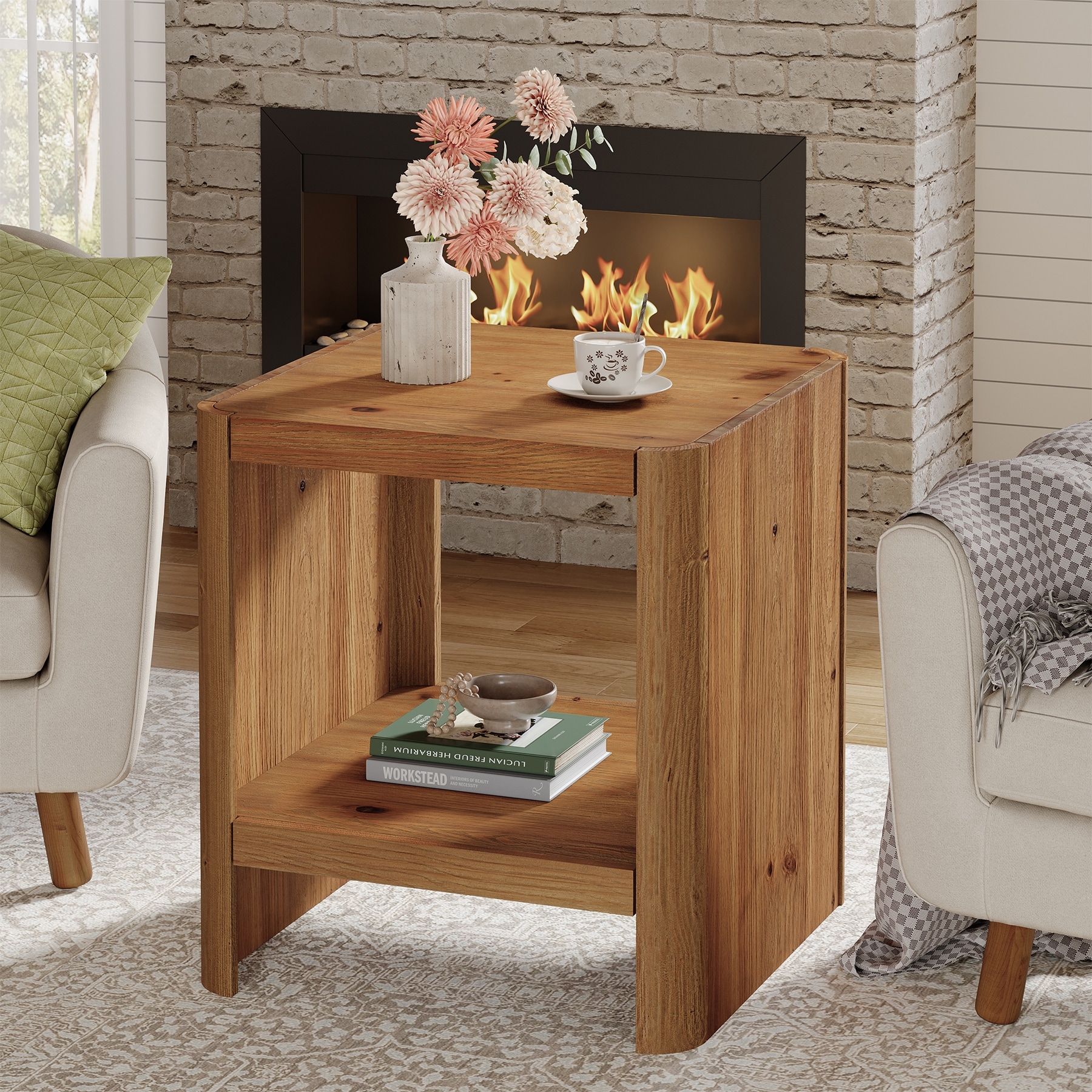 Solid Wood End Table, 2-Tier Small Side Table with Open Storage