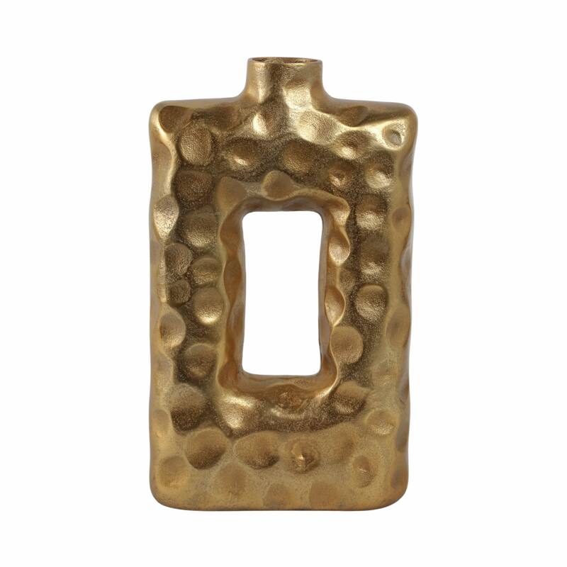 Metal Vase Hammered Texture with Rectangular Cutout Sculptural Design