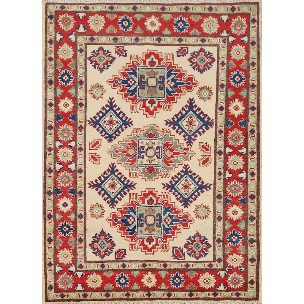 Beige Geometric Kazak Foyer Rug Oriental Handmade Wool Carpet - 3'6" x 5'1"