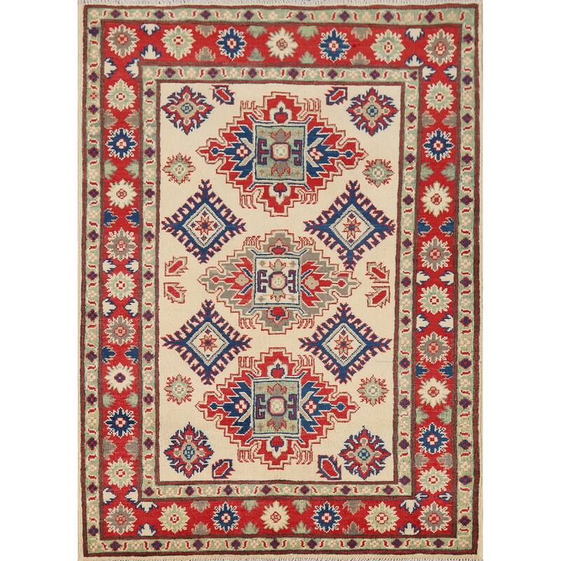 Beige Geometric Kazak Foyer Rug Oriental Handmade Wool Carpet - 3'6" x 5'1"