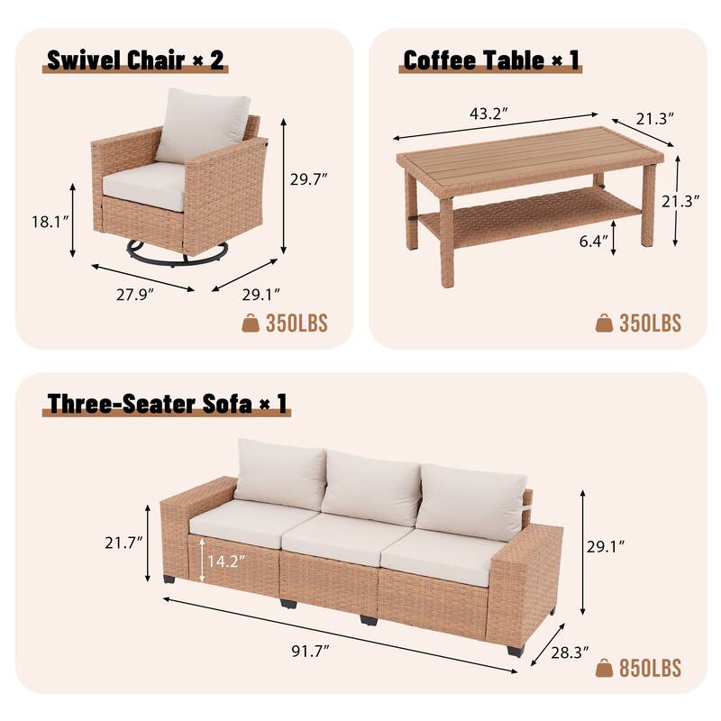 Outdoor Conversation Set 4-Piece with Swivel Chair and 3-Seater Sofa with Cushion and Coffee Table PE Wicker Rattan