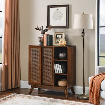 Rattan Sideboard Buffet Cabinet Hallway Cabinet, Mid Century Side Cabinet Entryway Storage Cabinet with Adjustable Shelf, Walnut