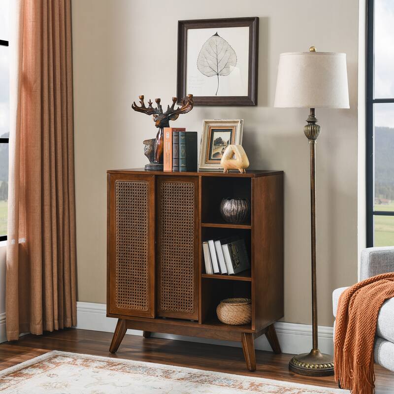 Rustic Rattan Sideboard Buffet Storage Cabinet Walnut Entry Side Cabinet