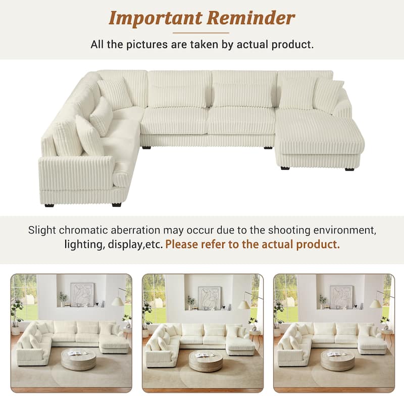 U-Shaped Sectional Sofa with Chaise Lounge, Oversized Corduroy Upholstered Sofa, 5 Seater Sofa with Removable Throw Pillows