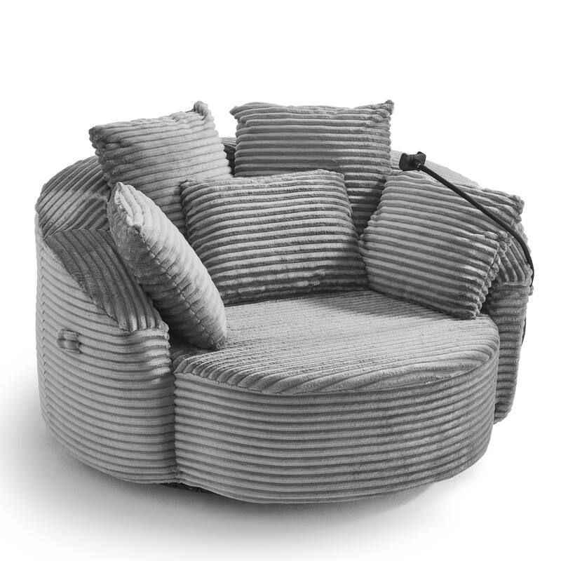 Roomfitters 360 Swivel Barrel Accent Chair with Adjustable Phone Holder and 5 Throw Pillows, Corduroy